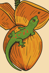 Climbing Gecko on Stylized Coconut Illustration with Tropical Feel