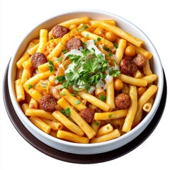 Overhead Shot of Delicious Pasta with Chickpeas and Sausage in White Bowl