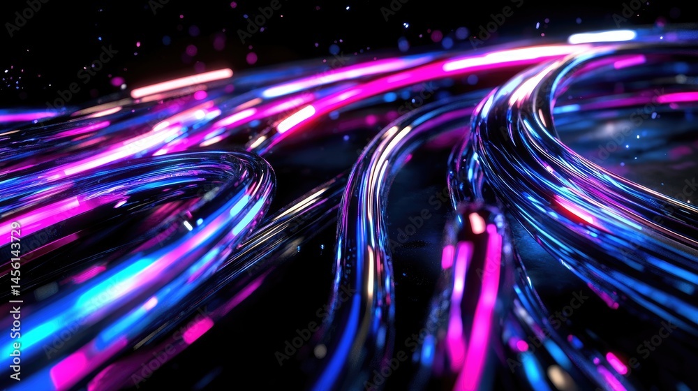 Poster dynamic 3d tech background in pink and blue tones with light trails and dark base