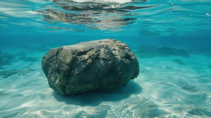 Underwater Scene of a Large Rock Amidst Clear Turquoise Water
