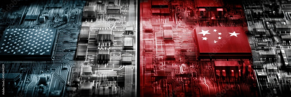 Poster battle of microchips on circuit board highlights american and chinese technology rivalry generative 