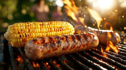 An enticing image of grilled sausages and fresh corn illuminated by a warm sunset glow, conveying a sense of joy and camaraderie during outdoor dining.