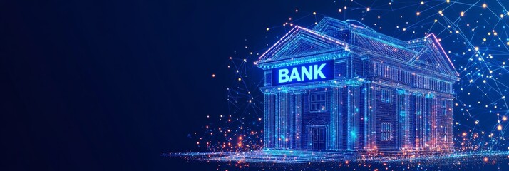 Glowing Outline Of A Bank Building On Abstract Background. Finance And Technology Concept.