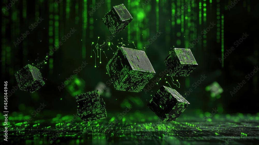 Leinwandbilder Digital green matrix style background with floating abstract cubes and circuits