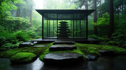 A serene glass pavilion showcases carefully arranged stones, surrounded by vibrant green foliage, illustrating the tranquility of a modern Zen garden.