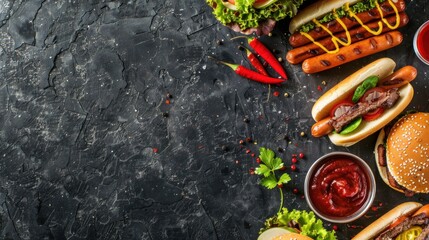 Assortment of Hot Dogs and Condiments on a Dark Textured Surface