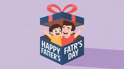 Happy father and son duo rise from gift box, celebrating father's day