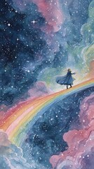 A whimsical watercolor painting of a person walking along a curved rainbow path among stars and cosmic clouds. Perfect for fantasy or dreamlike themes.