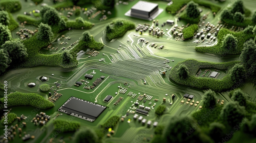 Poster Computer-generated green circuit board morphing into abstract 3D landscape
