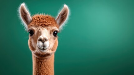 Obraz premium A delightful portrait of a cute alpaca set against a vibrant green backdrop, highlighting its endearing features and the joy of wildlife in tranquil surroundings.