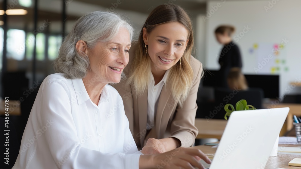Poster two enthusiastic female employees engage in a collaborative effort at their workspace. they appear j