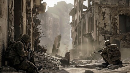 Soldiers amidst war-torn city rubble, depicting conflict and devastation