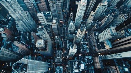 Aerial view of skyscrapers in a metropolitan area, showcasing urban architecture