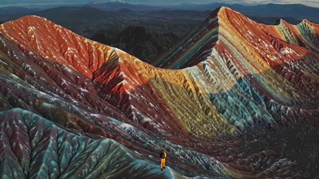 Majestic rainbow mountain displays vibrant hues at sunset, while a lone hiker stands on a ridge, capturing the breathtaking beauty of the colorful geological formations in this storyboard sequence