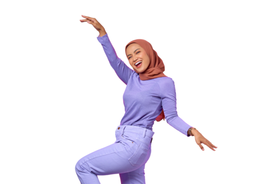 Portrait of beautiful young Asian woman dancing happy and cheerful isolated on transparent background