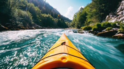 Kayaking Adventure on a Rapid River Amidst Lush Green Mountains and Nature