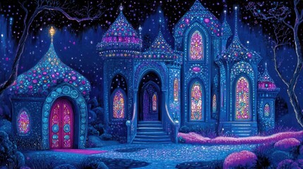 Enchanted Nightscape A Magical Illuminated Building Under a Starry Sky Dreamy Architecture with Luminous Details and Whimsical Atmosphere