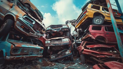 A Vivid Image of a Scrap Yard Depicting Damaged and Decommissioned Vehicles