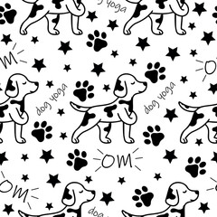seamless pattern with a simple icon of a dog doing yoga, namely standing with a wrapped paw and meditating and various inscriptions, for logos and various designs