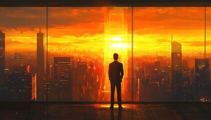 Silhouette of a businessman gazing at a fiery sunset over a cityscape from a modern office