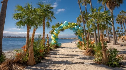 Obraz premium Festive archway on a sandy beach party backdrop