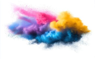 Fototapeta premium Studio Shot of Vibrant Colored Powder Flying in Midair Against a Pure White Background, Captured in High-Speed Photography with Soft Granular Particles in Pink, Blue, Yellow, and Purple
