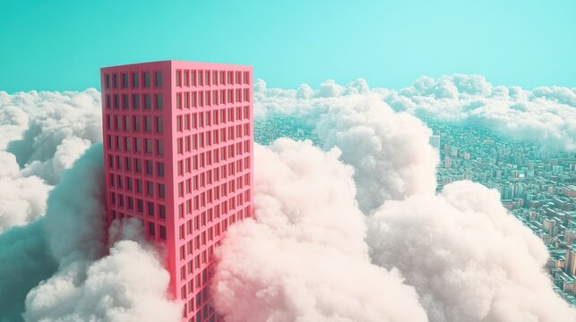 Dreamscape City, Conceptual building emerges amidst the serene cloudscape for a surreal urban architectural experience and calm inspiration