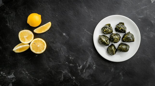 21 Greek dolmadakia stuffed grape leaves neatly arranged white plate served with lemon wedges traditional food of Greece captured top down on clean black slate background