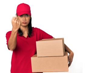 Young Filipina courier with two packages showing fist to camera, aggressive facial expression.