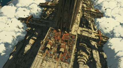 Fototapeta premium Abstract monumental structure aerial view against cloudy sky concept mysterious architecture futuristic design wallpaper background