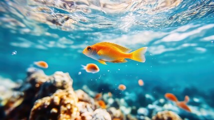 Fototapeta premium A vibrant orange fish swims gracefully through clear tropical waters, surrounded by colorful coral formations, showcasing the rich biodiversity and beauty of underwater ecosystems.