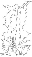 Continuous one line drawing a tourist stands at the foot of a waterfall.A traveler with a backpack.A man stands on a stone.A mountain waterfall.Continuous line isolated minimal vertical illustration