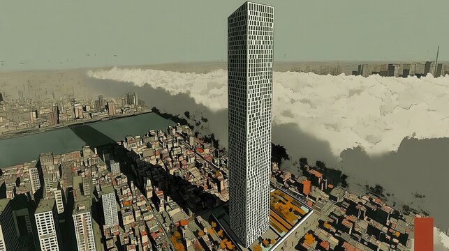 Futuristic cityscape aerial vision showcasing modern architecture and high rise building in the urban area with dramatic skyline