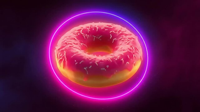 Neon donut spinning and rotating with vivid glow on black backdrop