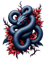Obraz premium Blue Snake with Red Flowers, Transparent Background