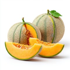 Ripe Cantaloupe Melon Slices and Whole Fruit on White Background