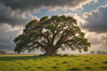 Obraz premium Ancient oak dominates grassy field, imposing cloud looms, texture, grey