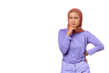 Portrait of pensive young Asian woman touching chin with hand and looking aside isolated on transparent background