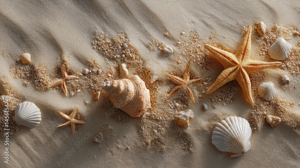 Poster A sandy beach is displayed from a top view, showcasing unique textures and details. Various seashells, including a starfish, are scattered across the surface, illuminated by soft natural light