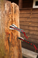 Throwing knives. Unusual sport. Throwing knives in the countryside. Hobbies.