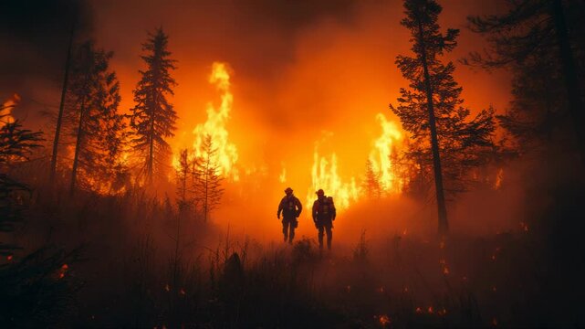 Firefighters Battling Wildfire in Dense Forest