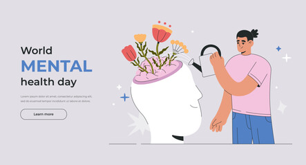 Mental Health Illustration. Man Watering Brain with Blooming Flowers. Self-Care, Mindfulness, Positive Thinking, Psychology and Positive Thinking Flat Vector Illustration for Website or Landing Page