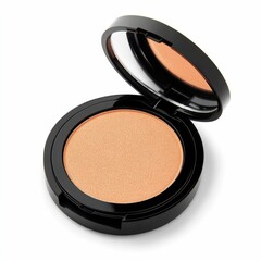 Elegant and sleek glossy black compact powder makeup case with a puff applicator  isolated on a clean white background