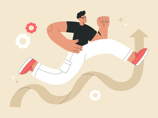 Businessman running towards his goal or aim on big arrow, success in career, personal growth and business development concept. Landing web page design, flat vector illustration isolated on background