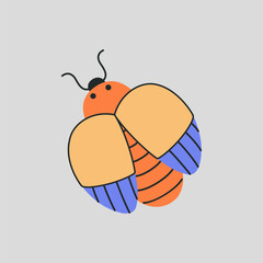 Colorful insect with yellow, blue wings and orange body. Bug shows beetle, firefly, ladybug, cicada or leaf insect for kids and education. Vector flat illustration isolated on grey background