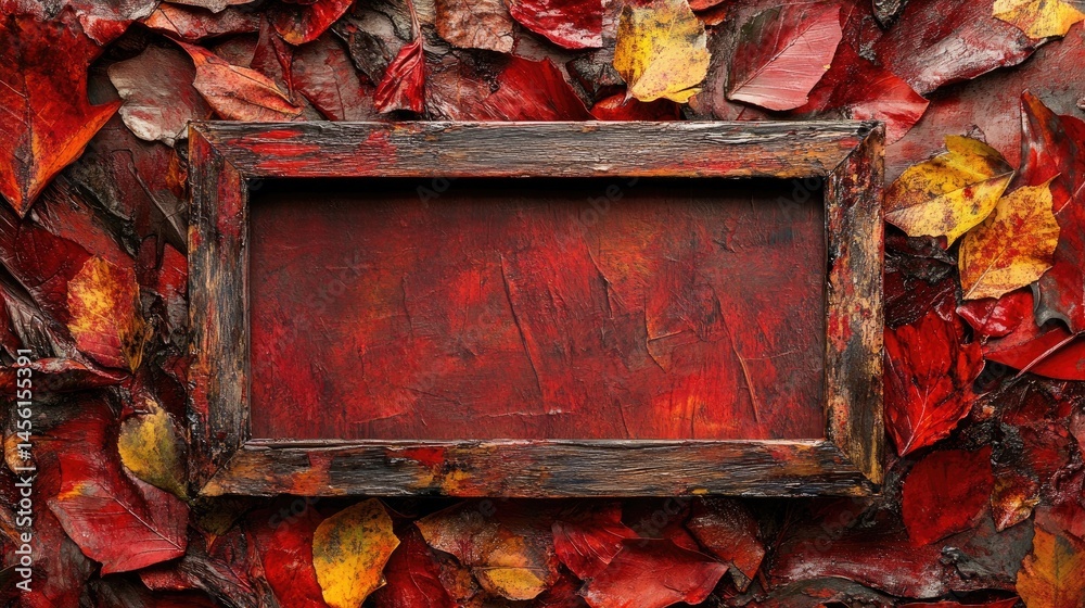 Poster autumn foliage in red and rust colors painted in watercolor, artistic frame with blank center