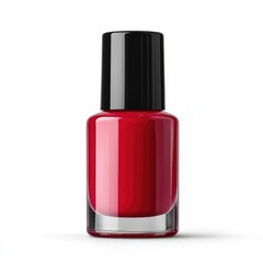 Obraz premium This is a photograph of a glossy red nail polish bottle with a cylindrical design isolated against a clean white background The image showcases the elegant luxurious