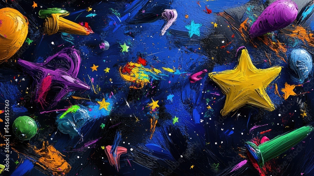 Poster artistic star splashes on a dark sky, hand-drawn universe pattern repeating across