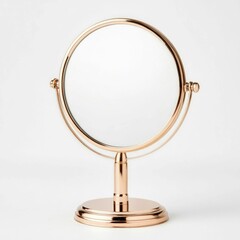 Obraz premium Elegant Vintage Style Makeup Mirror with Circular Gold Trim and Reflective Glass Surface Isolated on White Background for Cosmetic Beauty and Home Decor Concepts