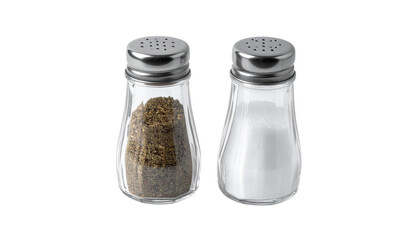 Glass salt and pepper shakers isolated on solid white background 